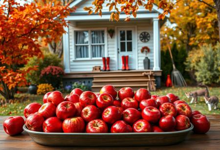 A large tray overflowing with big red apples is placed on a table in the foreground. In the background, a quaint little house features windows dressed with curtains and a generous porch. On the porch, a pair of rubber boots and a rake are casually positioned. The scene is framed by vibrant autumn trees, and a small cat can be seen playfully exploring the area. The overall vibe is cozy and inviting, perfect for a sweet and realistic photograph