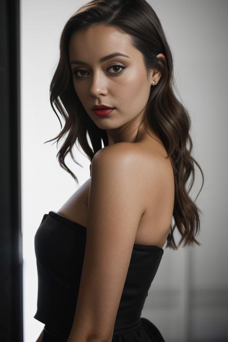 <lora:summ3rgl4u:0.9>, a Realistic photo of a summ3rgl4u woman,long hair, looking at viewer, brown hair, bare shoulders, brown eyes, upper body, english text, lips, strapless, makeup, realistic, red lips, professional Photography, Photorealistic, detailed, inside a dark Studio Room background, blurred background, RAW, analog, sharp focus, 8k, HD, DSLR, high quality, Fujifilm XT3, film grain, award winning, masterpiece