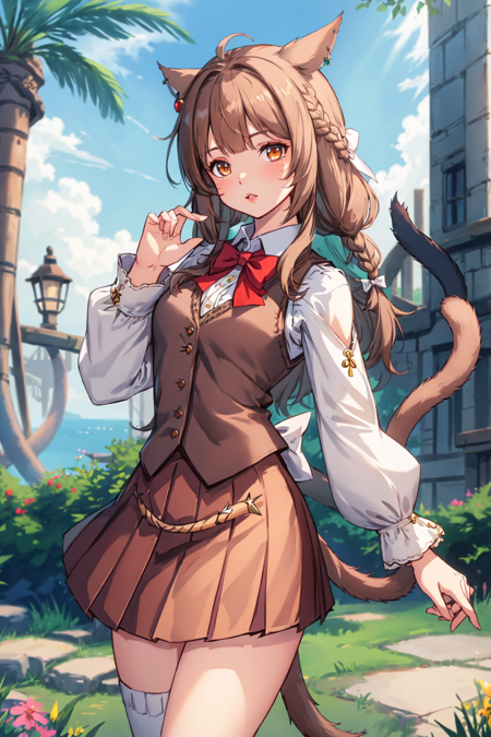 FemmeMiq, 1girl, solo, long hair, looking at viewer, bangs, skirt, brown hair, shirt, long sleeves, bow, animal ears, brown eyes, jewelry, standing, tail, white shirt, braid, hair bow, cowboy shot, pleated skirt, earrings, outdoors, cat ears, hand up, blurry, vest, twin braids, lips, cat tail, blurry background, facial mark, cat girl, brown skirt, miqo'te, <lora:FemMiqote:0.8>