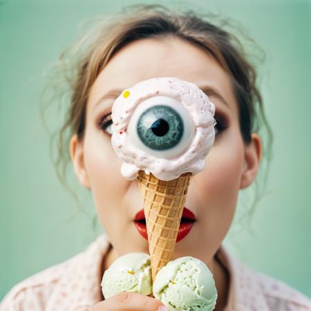 a (eyeball ice-cream:1.4) , stylized fashion shoot,(faint of enigmatic smile:0.25), stern, looking at viewer, eye contact, portrait, film grain, vintage photo, 