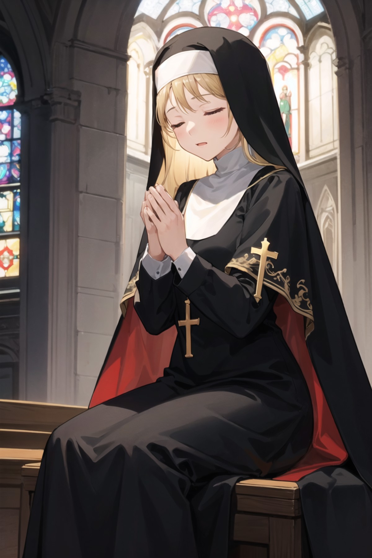 1girl, long hair, praying, nun, church, habit, perspective, closed eyes, (stained glass:0.5), sitting