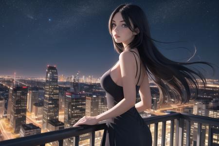 1girl, black_hair, breasts, building, city, city_lights, dress, lips, long_hair, looking_at_viewer, night, night_sky, sky, skyscraper