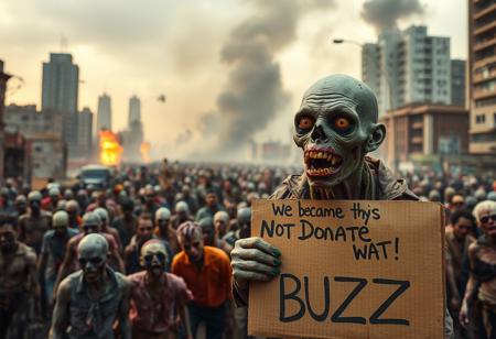 apocalyptic city, buildings falling background, explosions background, fire background, dust, smog, a big zombie crowd, many colors zombies, ripped clothes, eathing meat, zombies without body parts, a ugly zombie holding a a carboard sign with the text "we became this by not donating BUZZ"