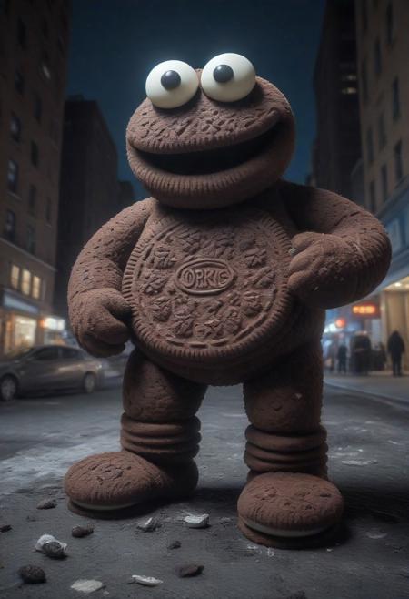 A gigantic Cookie Monster made of creamy cookies stomping through New York City at night, destruction, debris