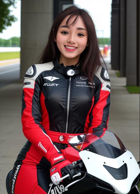 photo of smiling cc, a woman as a moto racer, arms behind back, F-cup, wearing Formula 1 racing suit, modelshoot style, (extremely detailed CG unity 8k wallpaper), trending on ArtStation, trending on CGSociety, Intricate, High Detail, Sharp focus, dramatic, photorealistic, (looking at viewer:1.2), (detailed pupils:1.3), full body, riding on a CBR500 motobike