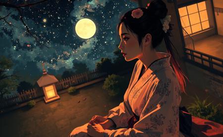 Japanese brush painting style. A bird's-eye close-up of a Japanese woman in elegant, ancient Japanese traditional clothing, sitting gracefully in a serene Japanese garden at night. Her intricate attire, featuring delicate embroidery and flowing fabrics, is beautifully illuminated by the soft glow of the moonlight. The night sky above her showcases the vivid Milky Way and a luminous moon, visible in the background at a slight angle. The dramatic Dutch angle adds a cinematic feel, while subtle elements of the garden, such as mossy stones and a softly glowing stone lantern, frame her from above. The warm light from a nearby Japanese ryokan highlights her serene expression and the intricate details of her outfit, blending intimacy and mysticism in a highly detailed, vibrant style.