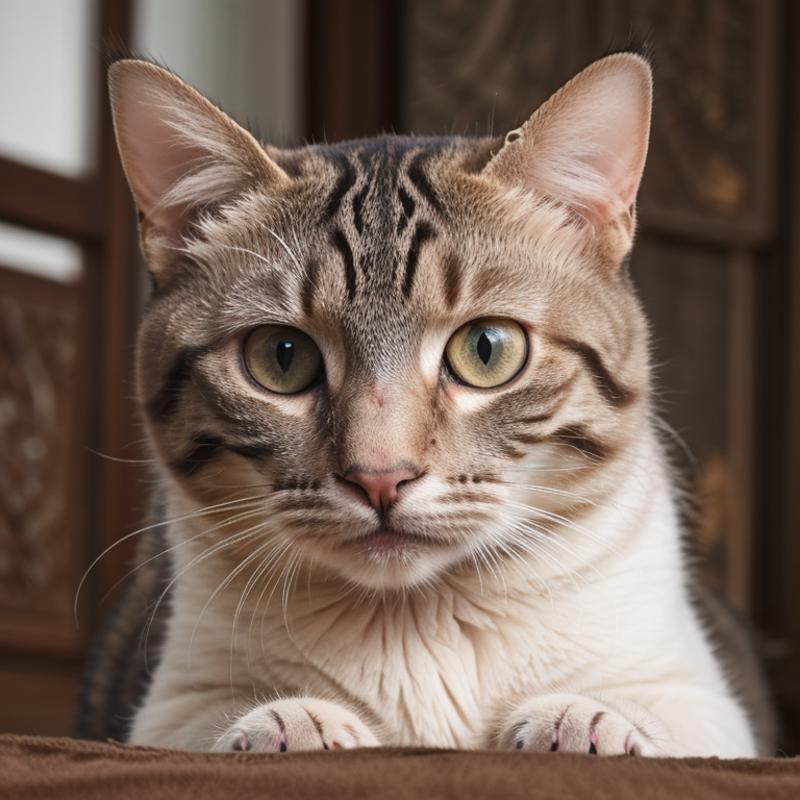 A white and grey striped cat with wide green eyes sitting on a couch.