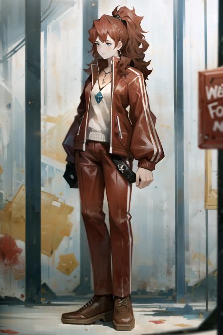 1girl, solo, curly hair, full body, red jacket, punk, graffiti, clutch, earrings, necklace, standing, confident expression, female focus, closed mouth, looking away from viewer