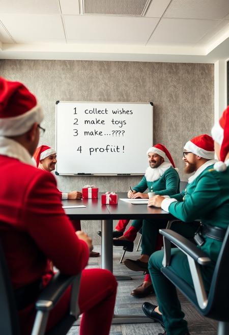 business stock photograph of business men dressed as santa's elfs in a meeting room having a business meeting, on the whiteboard we read  four lines: "1 collect wishes
2 make toys
3 .....???
4 profit"