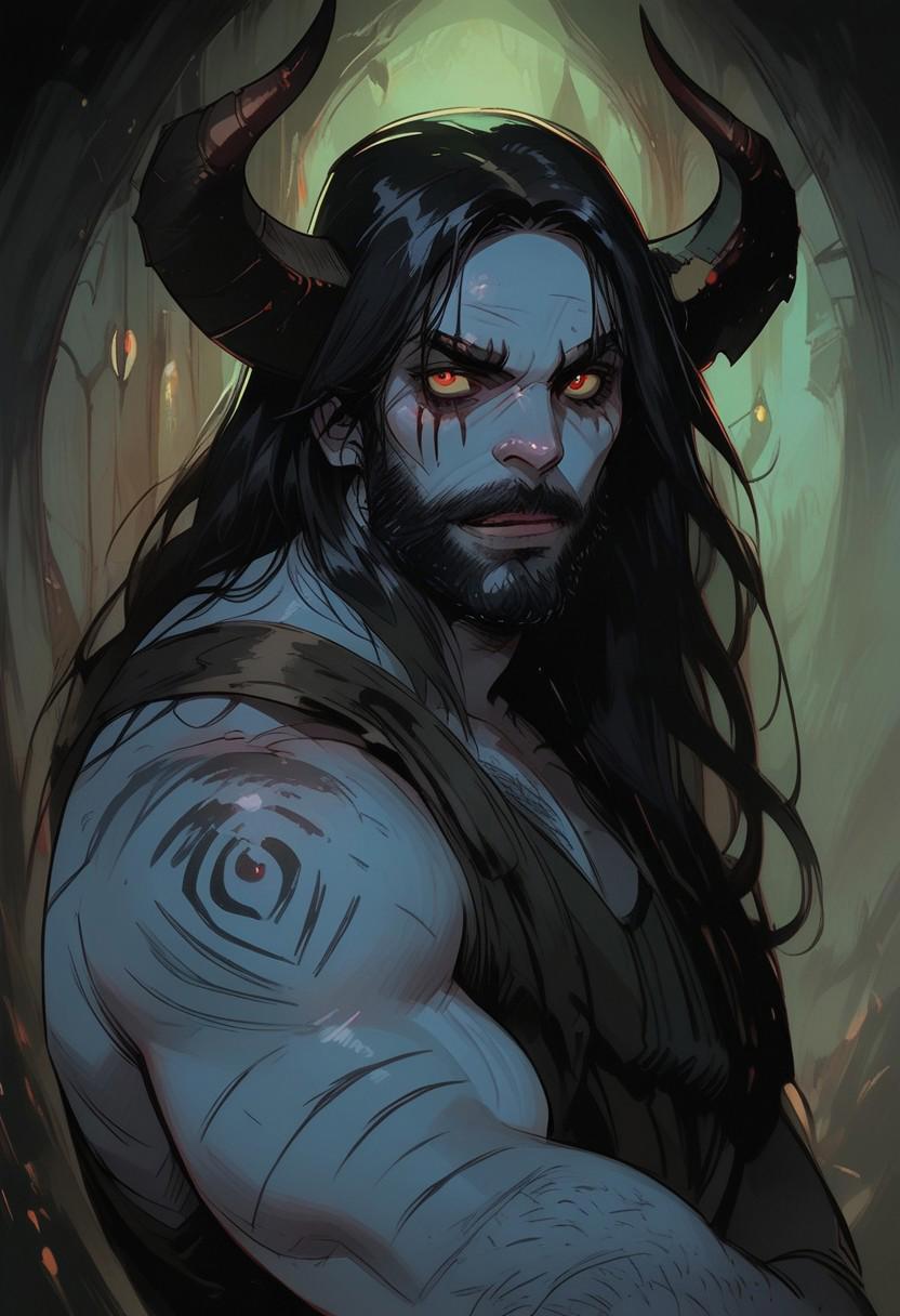 score_9, score_8_up, score_7_up, BREAK, 1 boy, manly,  BREAK demon boy, blue skin, horns, beard, massive beard, long beard, facial hair, black hair, muscular, massive, wide shoulders, evil villain