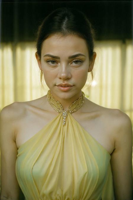 Beauty photo,
<lora:SabinaRouge_v1.3:1> SabinaRouge
female in a summer  theme
in style of
Anna Devs and Daniel Rueda     Dream-like, Surreal     Medium format, natural light    Surreal, atmospheric, evocative, Early 2000s Atelier Versace Haute Couture Rhinestone Yellow Chiffon Mini Dress
<lora:epiC35mm:1>