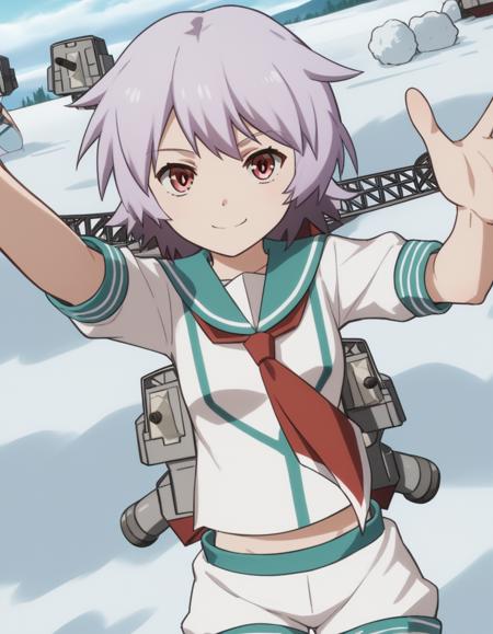 tama, short hair, red eyes, purple hair, tama (kancolle) school uniform, shorts, serafuku, sailor collar, neckerchief,