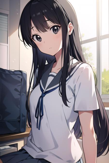 mioakiyama, <lora:mioakiyamatest:1>, mio akiyama, (black eyes:1.5), black hair, long hair, BREAK sakuragaoka high school uniform, school uniform, uniform, BREAK looking at viewer, BREAK indoors, classroom, BREAK <lora:GoodHands-vanilla:1>, (masterpiece:1.2), best quality, high resolution, unity 8k wallpaper, (illustration:0.8), (beautiful detailed eyes:1.6), extremely detailed face, perfect lighting, extremely detailed CG, (perfect hands, perfect anatomy),