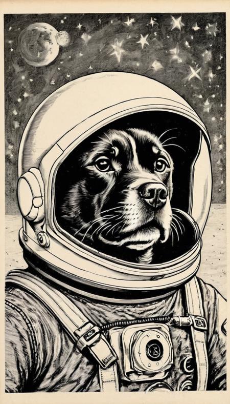 dog on the moon space helmet <lora:vntg-line-art-v2:1> vntg, line-art