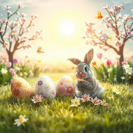 "Create a cute and cozy Easter-themed image made in soft pastel sequences. In the foreground, several bright Easter eggs are formed, decorated with beautiful patterns and flowers that have remained on the soft grass. Next to the eggs, a small rabbit with eyes and fluffy fur sits, holding a flower in its paws.
In the background, there are blooming trees with pink and white flowers, as well as spring flowers such as tulips and daffodils. The soft sun shines in the sky, creating a warm holiday atmosphere. Add a few butterflies fluttering around to keep the spring mood.
The overall lighting should be soft and warm to create a feeling of coziness and joy