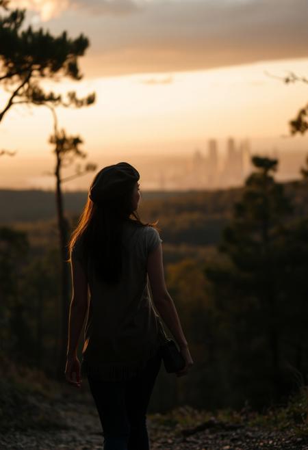 lone roguish female figure, walking away, glancing over shoulder, distant cityscape, transitioning from forest to urban environment, golden light of early morning or late afternoon, cinematic, journey progression, emotional warmth, subtle glance, candid, moment of doubt or hesitation, reflection on the journey, (forest in the background:1.2), city on the horizon, inviting introspection, natural light, dramatic lighting, depth of field, (captured naturally:1.2), (detailed background:1.3), (photorealism:1.4), 8k UHD, (blurry:-1.3), (lowres:-1.5), (ugly:-1.2), (mutated:-1.4), (worst quality:-1.4), (bad anatomy:-1.3), (cartoon:-1.1), (sketch:-1.1), (distorted proportions:-1.3), (extra limbs:-1.5), (cgi:-1.4), (extra characters:-1.5), (savanna:-1.4)