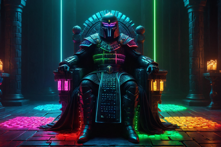a hero, Pluton, god of the underworld, made out of RGB Keyboards, with a dark helm, wearing black robes, ruling with a dark helm with RGB lights, solo, digital Olympian throne room with neon floors, golden thrones with RGB lights, detailed background, lying down with a neon aura, shimmering with RGB lights, resting, eternal, radiating RGB lights, environment focus, wide shot, best quality, vibrant colors, realistic style, high detail, high-definition, hyper-realistic, extremely high-resolution details, fine texture, incredibly lifelike, realistic, not cartoon, not drawing, highres, 4K resolution, source photo, realistic photo, masterpiece, best quality, amazing quality, very aesthetic, ultra-detailed, detailed textures, natural lighting, soft light, neon RGB colors, vibrant reds, blues, greens, electric spark, sharp and vibrant, overhead shot, <lora:RGB_Keyboard_themed-000008:1>