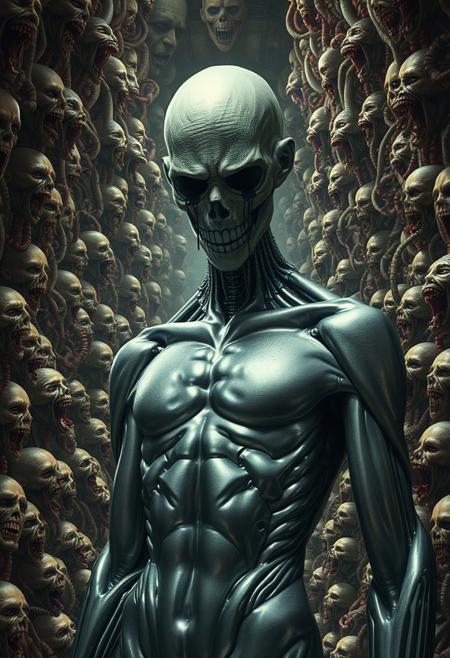 A surreal, biomechanical horror scene in the style of H.R. Giger, featuring a towering, bald humanoid figure with metallic, chrome-like skin. Its muscular torso gleams with an unsettling artificiality, and its expressionless face has dark, liquid tears streaming down its cold, mechanical features. Surrounding the figure are countless distorted, grotesque faces and screaming heads, seamlessly merging into an endless, biomechanical labyrinth of sinewy, mechanical tendrils and twisted, organic machinery. The environment is oppressive and nightmarish, as flesh and metal intertwine, creating a tunnel-like structure that spirals into an infinite, haunting abyss. Intricate, hyper-detailed elements define every inch of the scene, blending the organic and mechanical in disturbing harmony, evoking a visceral sense of dread, as if this dark, otherworldly entity exists within a living, breathing machine.