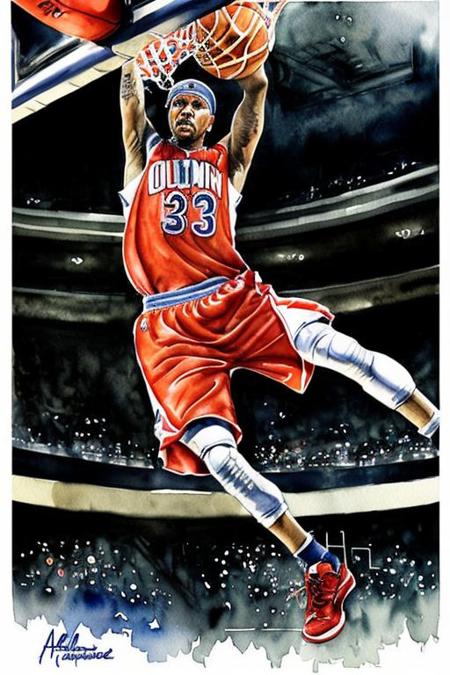 <lora:wcolors:0.5> watercolor, detailed basketball picture photo allen iverson criss cross style