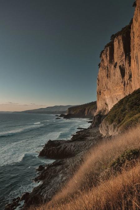 raw photo, a sunset landscape, Valdivian temperate forests coast, Chilean coast,  cliffs, cozy, photorealistic, high detailed texture, 8k uhd, dslr, soft lighting, high quality, film grain, Fujifilm XT3, Sony A7 IV, highly detailed photography, (muted colors, cinematic, dim colors, soothing tones:1.2), vibrant, insanely detailed, hyperdetailed, (dark shot:1.2), (vsco:0.3), (intricate details:0.9), (hdr, hyperdetailed:1.2) (highest coherency: 1.39) (highest quality: 1.39) (rule of Thirds) (award winning) (breathtaking) (masterclass)