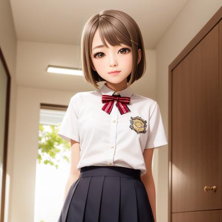 ((Masterpiece)), ((ultra quality)), <lora:kasumin:.6>, blunt bangs, blush, bob cut, bow, light brown hair, buttons, cowboy shot, crescent, crescent hair ornament, hair ornament, hairclip,nakasu kasumi, nijigasaki academy school uniform