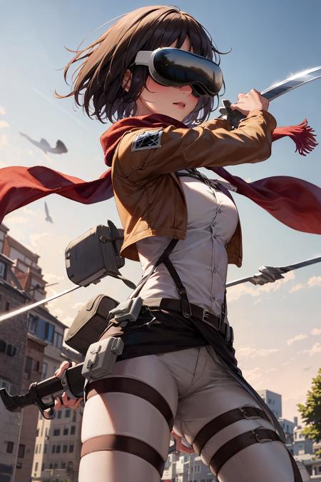 masterpiece, best quality, highres, hmmikasa,wearing VR glasses ,wearing vision pro,  short hair, black eyes, scarf, emblem, belt, thigh strap, red scarf, white pants, brown jacket, long sleeves, <lora:mikasa_ackerman_v1:0.5>, holding weapon, sword, dual wielding, three-dimensional maneuver gear, fighting stance, sky,
<lora:vision_pro_v2:0.6>,