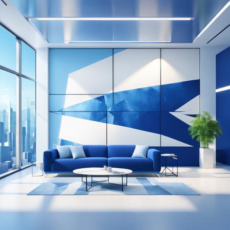 <lora:MirrorsEdge:1>, Mirror's Edge style, sterile dark blue and white office room, two blue sofas, white potted plants, abstract painting on wall, glass pane windows, cityscape, 3D, anti-aliasing, highly detailed, octane render