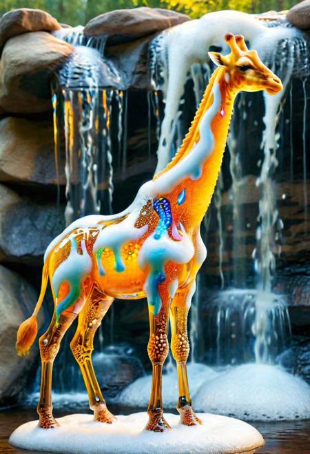 macro photo, a beautiful translucent glass giraffe that glows within, glowing lights, beautiful waterfall , made out of multicolored transparent delicate glass, magical sparkles,vibrant whimsical colors <lora:ral-beer:1> made of ral-beer