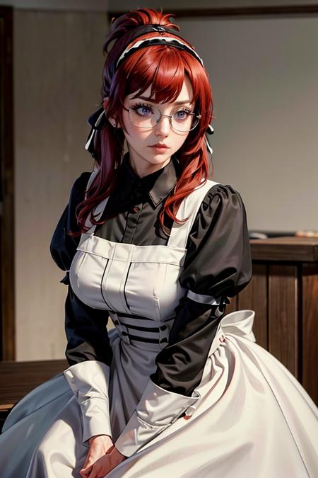 (masterpiece:1.4),(best quality:1.4),(absurdres:1.4),pin-up,	<lora:ANIME_LiliaGreyrat_aiwaifu-10:0.45>>,	LiliaGreyrat_aiwaifu,red hair,long hair,glasses,hairband,purple eyes,bangs,large breasts,maid headdress,ribbon,semi-rimless eyewear,hair ribbon,under-rim eyewear,hair between eyes,black ribbon,folded ponytail,ponytail,sidelocks,maid,apron,long sleeves,maid headdress,shirt,dress,black shirt,puffy sleeves,black dress,juliet sleeves,maid apron,white apron,collared shirt,garter straps,garter belt,wrist cuffs,long dress,		(absurdres, highres, incredibly_absurdres:1.4),scenery,masterpiece,