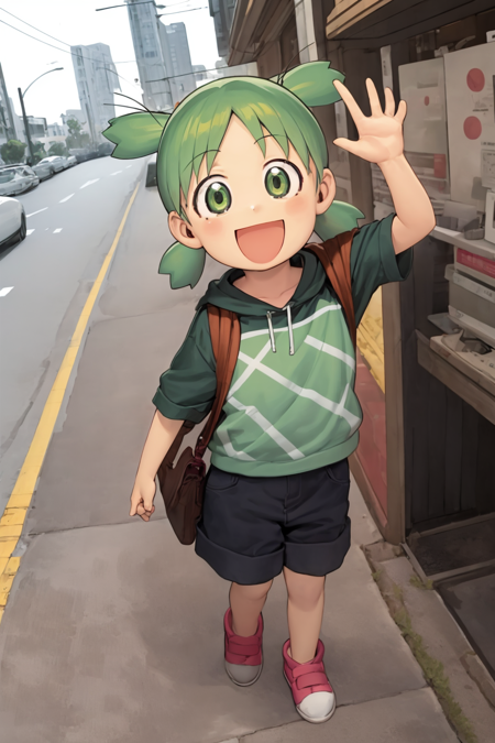 masterpiece, best quality, 1girl, yotsuba, green eyes, green hair,  quad tails, smile, :d  <lora:YotsubaKoiwai:1> <hypernet:Toru8pWavenChibi_wavenchibiV10a:0.6>