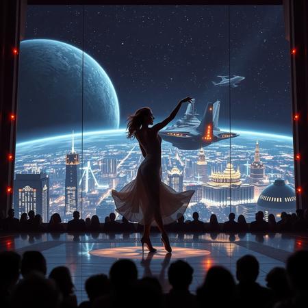 immaculately detailed realistic ultra quality image of a beautiful elegant female dancer is dancing on a futuristic stage micro-LED lighted, behind the dancer on the stage is an enormous seamless and futuristic wall to wall and floor to ceiling window that looks out at a the planet's surface covered with the lights of enormous buildings and cities, An enormous deco starship with futuristic lighting and an enormous space station are visible in the background among the stars, Artistic art deco, dynamic perspective, (((overall architectural aesthetic is Art Deco Cyberpunk))).  Epic image that elicits a feeling of romanticism, wonder, and awe, the silhouette of the audience can be seen in the foreground that show the enormous scale of the stage and seamless window behind it,