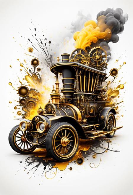 Logo on (((white background: 1.5))). creating splashes. Science fiction in steampunk style. Atmospheric haze, Detailed retro steampunk machine with vintage design and intricate gold and black mechanical elements ((gears: 1.4)). The retro car has big fat tires and a powerful, ornate turbo engine mounted on top, adorned with various gears, pipes and brass parts. The overall design combines classic automotive aesthetics with a steampunk fantasy car. An explosion of golden ((smoky: 1.3)) liquid in the form of paint splatters surrounds the car, creating a dynamic and energetic scene. The background is pure white, highlighting the bright details and metallic texture of the car. The scene is a mixture of retro and fantasy, capturing the essence of steampunk art.
