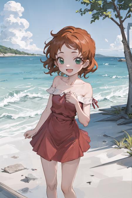 1girl, sndsuzuka, childshort hair, brown hair, green eyes, collarbone, red dress, :d, looking at viewer, standing, beach  <lora:sounanda-suzuka-000004:0.8>