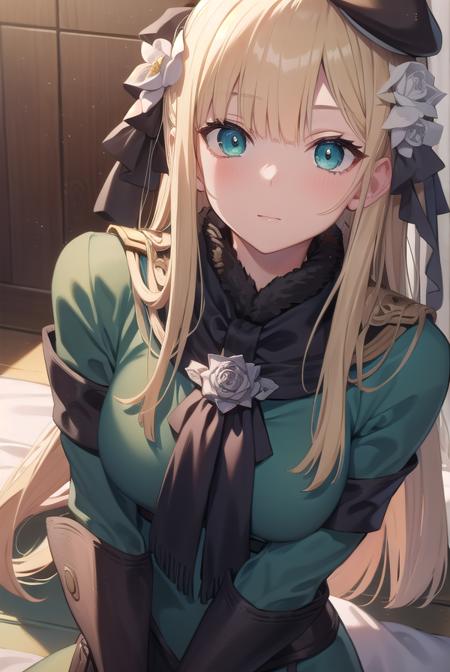 fgoreines, <lora:reines-lora-nochekaiser:1>,
reines, blonde hair, (green eyes:1.5), long hair, bangs, blunt bangs, (small breast:1.2),
BREAK beret, black headwear, black ribbon, blue dress, brown gloves, dress, flower, fur collar, fur trim, fur-trimmed sleeves, gloves, hair flower, hair ornament, hair ribbon, hat, long sleeves, ribbon, rose, tilted headwear, white flower, white rose,
BREAK looking at viewer,
BREAK indoors,
BREAK <lyco:GoodHands-beta2:1>, (masterpiece:1.2), best quality, high resolution, unity 8k wallpaper, (illustration:0.8), (beautiful detailed eyes:1.6), extremely detailed face, perfect lighting, extremely detailed CG, (perfect hands, perfect anatomy),