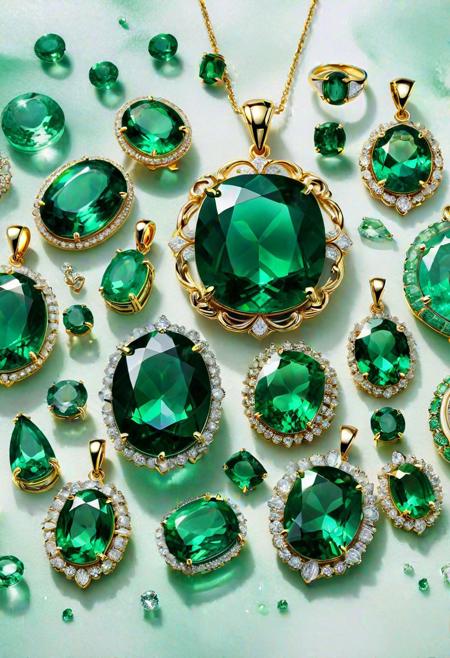 A luxurious oil painting depicting a collection of emerald jewelry, with each piece showcasing unique styles and settings that accentuate the beauty of the semi-translucent emerald gemstones. The rich colors and textures of the paintings bring the elegance and sophistication of emerald jewelry to life in stunning 8K detail,  crystalz