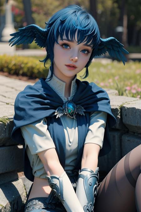 (8k, RAW photo, best quality, masterpiece:1.2), (realistic, photo-realistic:1.4), ultra-detailed, perfect detail ,make up,blue hair, head wings, jewelry, brooch, bird tail,blue eyes, glowing eyes, looking at viewer, upper body, detailed eyes, outdoors, bird legs, capelet, short hair,blue eyes, realistic, bangs, Meteion, small breasts, completely nude, <lora:Meteion:0.7>