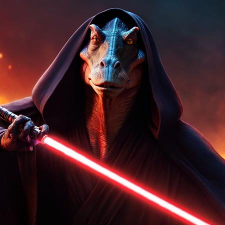 concept art of  <lora:darth jar jar binks:1.2>
darth jar jar binks a creature in a dark robe with a red light saber in star wars universe, digital artwork, illustrative, painterly, matte painting, highly detailed