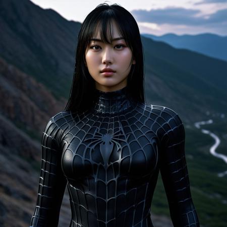 score_9, score_8_up, score_7_up, best quality, realistic, masterpiece, beautiful detail, hyperrealistic, ((1girl, woman body, big breasts)), amazing detailed full body of a beautiful japanese girl, wearing a realistic and highly detailed black raimi spider-man suit, ((huge muscular girl)), professional model wears ultra - detailed black raimi spider - man suit, ultra - detailed and grained black raimi spiderman suit, suit covered entire body and hand, black spiderman gloves, wet, (a dreamy scene of a woman on a peak of moutain, night), (dirty skin), close up, octane render, highly detailed, volumetric, dramatic lighting, (highest quality:1.1), (HDR:1.3), (top quality, best quality), realistic, high definition,