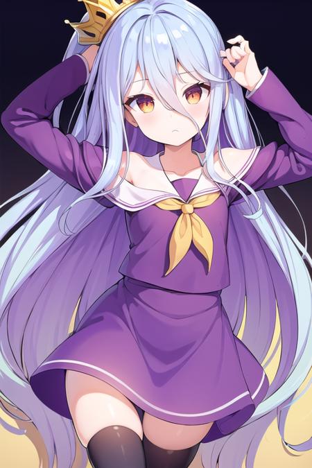 ((masterpiece, best quality)), (ultra-detailed:1.2), <lora:MaismansShiroLora:0.6>, Shiro, shiro_(no_game_no_life), No Game No Life, purple clothes, long hair, purple thighhighs, long hair, 1girl,  blurry background, (crown), very_long_hair, blue background, (lying), arms on back, hands on back, cards,