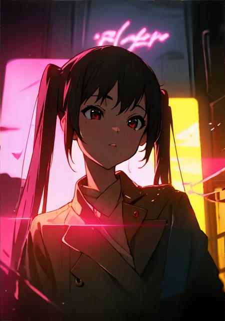 ((masterpiece, best quality:1.35)), (intricate details), volumetric light, volumetric, cinematic, light diffusion, bloom, lens reflection, dynamic light, vibrant, HDR:1.25, illustration, cyberpunk,night, neon lightes, neon reflections,
portrait head and chest, girl, <lora:AzusaNakano:1.5>, dark hair, two twin tails, staying on street, neon city, street, neon lighting, neon light rise