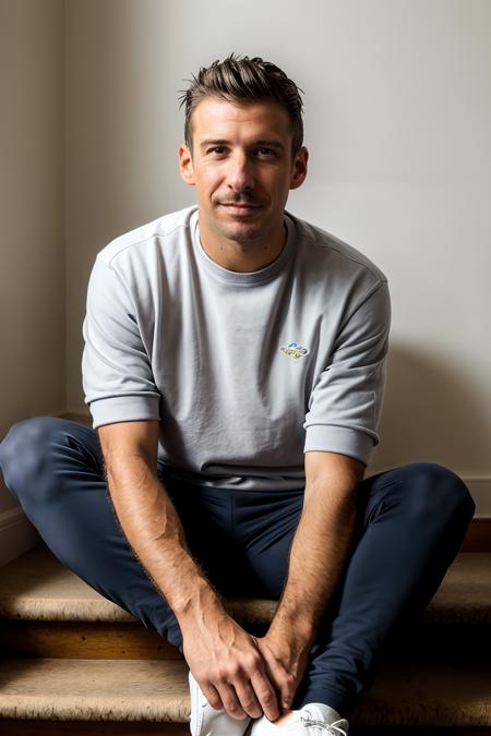 FrancescoGabbani, large format photo of a man, anxious facial expression, gray crewneck sweatshirt, jogger sweatpants, slip-on sneakers, sitting on the stairs, arms crossed, under bounced lighting, from below, shot on a Kodak Brownie <lora:FrancescoGabbaniLora:1>