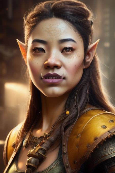 realistic (girl:1.4), orc, (tusks:1.3), rogue thief (asian:1.4) girl, (tan skin:1.2), (yellow eyes:1.5), (complex light leather armor:1.4), smirk, (nose blush), beautiful detailed eyes, drawn by Greg Rutkowski, Yoji Shinkawa:0.6,  ginger hair, epic realistic, faded, ((neutral colors)), art, (hdr:1.5), (muted colors:1.2), pastel, hyperdetailed, (artstation:1.5), warm lights, dramatic light, (intricate details:1.2), vignette, complex background, rutkowski