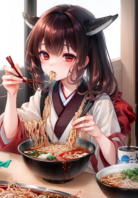 extremely detailed CG unity 8k wallpaper,masterpiece, best quality, ultra-detailed, <lora:kiritan:0.75>,kiritan,white kimono, brown hair, red eyes,upper_teeth, (teen age:1.2), (sitting:1.1) ,ichiraku ramen, (eating ramen noodles:1.0), holding chopsticks and ramen bowl, slurp one's noodles