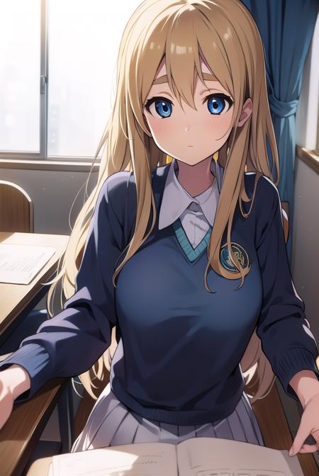 tsumugikotobuki, <lyco:tsumugikotobuki-LYCORIStest:1>,
tsumugi kotobuki, blonde hair, blue eyes, long hair, 
BREAK sakuragaoka high school uniform, school uniform,
BREAK looking at viewer,
BREAK indoors, classroom,
BREAK <lora:GoodHands-vanilla:1>, (masterpiece:1.2), best quality, high resolution, unity 8k wallpaper, (illustration:0.8), (beautiful detailed eyes:1.6), extremely detailed face, perfect lighting, extremely detailed CG, (perfect hands, perfect anatomy),