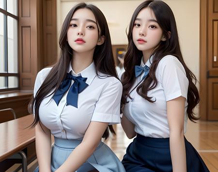 A photo of a teens, (18 years old), <lora:koreanDollLikeness:0.6>, ((2girls)), pretty face, young, ((wearing white formal shirt, blue skirt)), facing forward, student outfit, stockings, bow tie, at school hall, best quality, ultra high res, photorealistic:1.4, (waist-up photo), highly detailed, sharp focus, HDR, 8k resolution