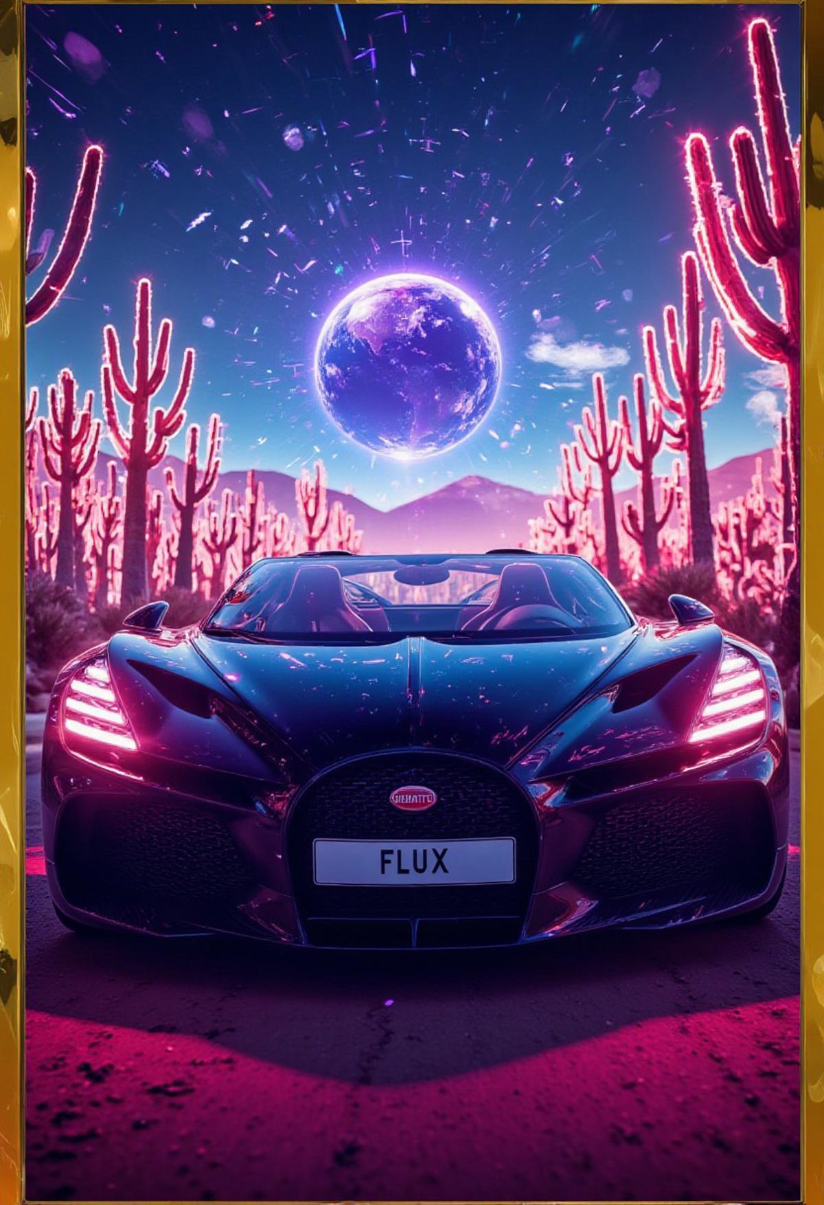 Epic Gaming Poster with text":Bugatti",
Bugatti W16 Mistral driving through a futuristic desert with holographic cacti and a neon-lit sky, blending past and future aesthetics, ultra-realistic yet surreal,
numberplate reads FLUX,
, detailmaximizer, gold frame, secretlab