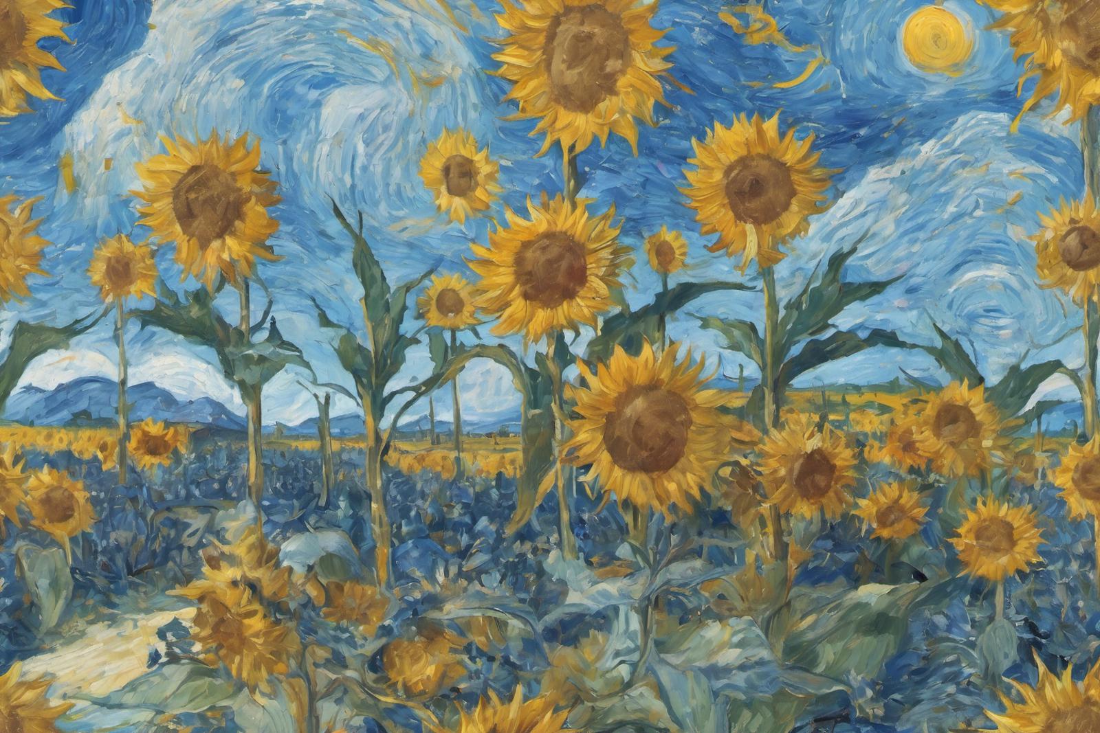 A painting of a field of sunflowers with a blue sky and clouds.