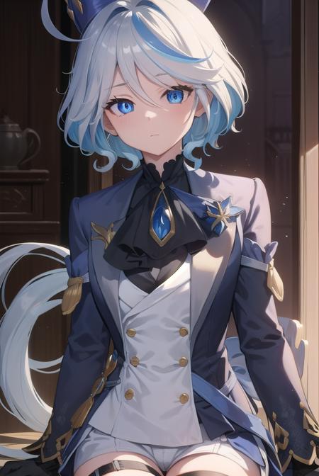 furina, blue eyes, blue hair, cowlick, ahoge, hair over one eye, light blue hair, short hair, asymmetrical gloves, black gloves, frills, gloves, half gloves, hat, shorts, tailcoat, thigh strap, top hat, white gloves, white shorts,