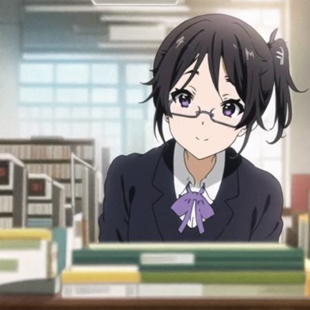 best quality, masterpiece, 1girl ashy-black hair with a side ponytail, violet eyes, frameless glasses, school uniform, library, by KyoAni