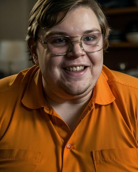 jeffreydahmer, a photo of man with glasses, (fat,obese:1.3), eyeglass lens reflex, (laughing:1.1), orange shirt, detailed face, perfect teeth, looking at viewer, (upper body:1.3), ((canon m50)), (High Detail), Sharp, 8k,